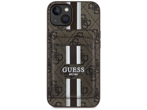 Guess 4G-striper med lommebok Magsafe Apple iPhone 15 hardt deksel brun