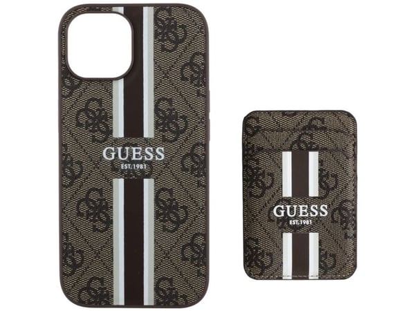 Guess 4G-striper med lommebok Magsafe Apple iPhone 15 hardt deksel brun