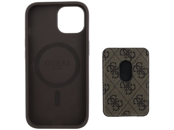Guess 4G-striper med lommebok Magsafe Apple iPhone 15 hardt deksel brun