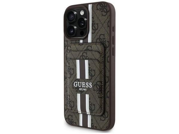Guess 4G Stripes su portfelem Magsafe Apple iPhone 16 Pro Max dėklas telefonui rudos spalvos