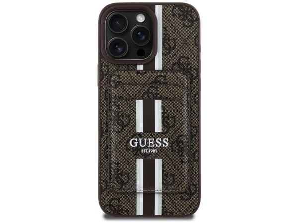Guess 4G Stripes su portfelem Magsafe Apple iPhone 16 Pro Max dėklas telefonui rudos spalvos