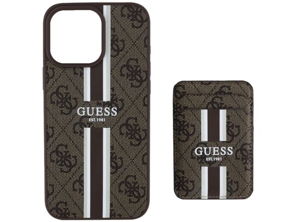Guess 4G Stripes su portfelem Magsafe Apple iPhone 16 Pro Max dėklas telefonui rudos spalvos