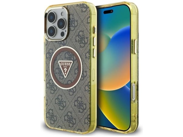 Guess IML 4G Glitter & triangel-logotyp MagSafe-skal för Apple iPhone 16 Pro, röd