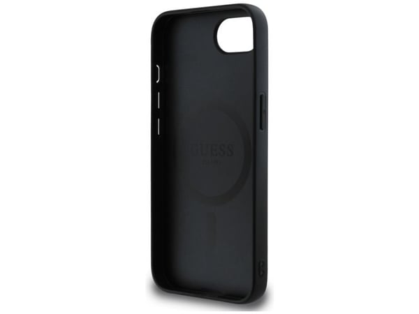 GUESS tapauksessa IPHONE 16e (SE 4 2025), yhteensopiva MagSafe GUHMPSE4PGBTMK (rakeinen PU Hot Stamp Peony Triangle Logo) musta