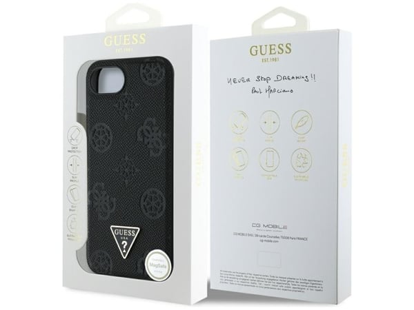GUESS tapauksessa IPHONE 16e (SE 4 2025), yhteensopiva MagSafe GUHMPSE4PGBTMK (rakeinen PU Hot Stamp Peony Triangle Logo) musta
