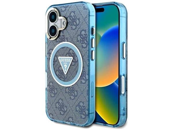Case Guess IML Metal Glitter 4G Circle Triangle MagSafe for iPhone 16 blue