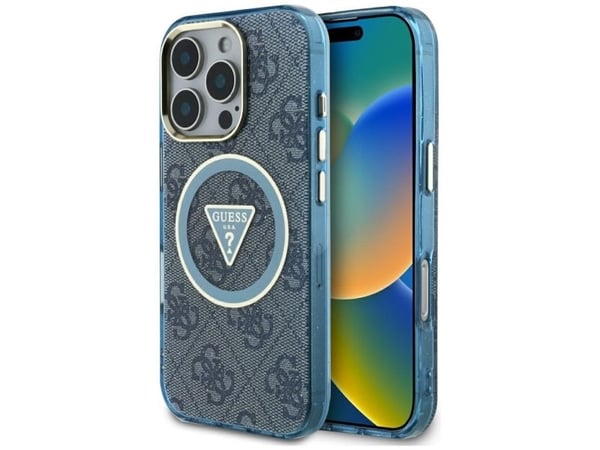 Guess IML Metal Glitter 4G Circle Triangle MagSafe-skal till iPhone 16 Pro - Blå