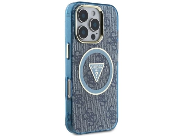 Guess IML Metal Glitter 4G Circle Triangle MagSafe-skal till iPhone 16 Pro - Blå