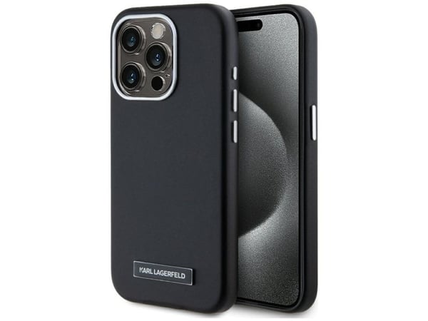 Alkuperäinen Karl Lagerfeld FW Metal Plate MagSafe tapauksessa Apple iPhone 15 Pro Max musta