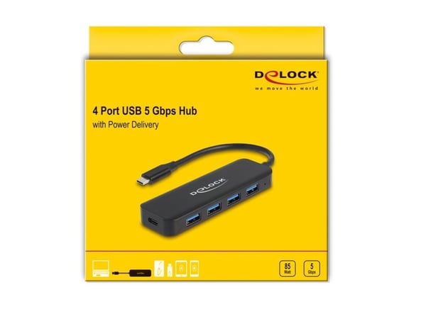 DeLOCK 64170, USB 3.2 Gen 1 (3.1 Gen 1) Type-C, USB 3.2 Gen 1 (3.1 Gen 1) Type-A, USB 3.2 Gen 1 (3.1 Gen 1) Type-C, 5000 Mbit/s, Musta, Metalli, 85 W
