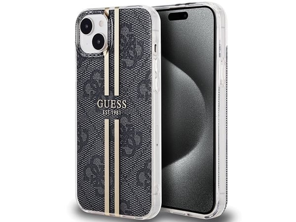 Guess etui Gold Stripe til iPhone 15 Plus / 14 Plus - svart