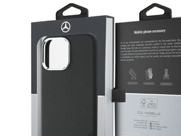 Mercedes MEHMP16L23SUGDK iPhone 16 Pro 6,3" hårt skal i silikon, tonalt logomotiv, wood pattern, MagSafe, svart/svart