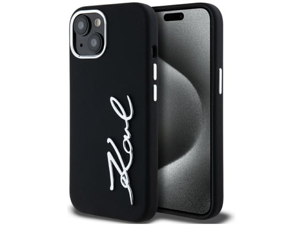 Karl Lagerfeld silikondeksel med Metal Script-logo iPhone 15 - svart