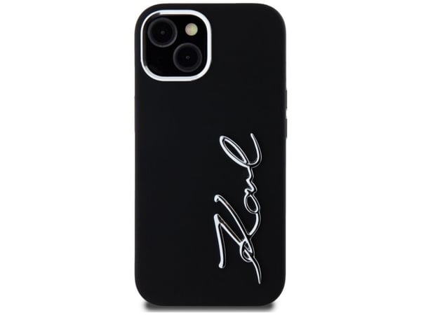 Karl Lagerfeld silikoni metalli Script Logo iPhone 15 tapauksessa - Juodas