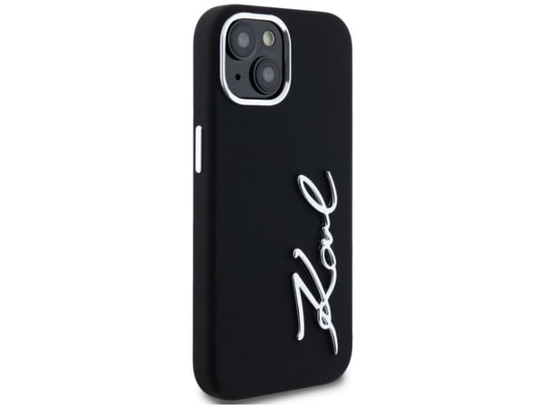 Karl Lagerfeld silikoni metalli Script Logo iPhone 15 tapauksessa - Juodas