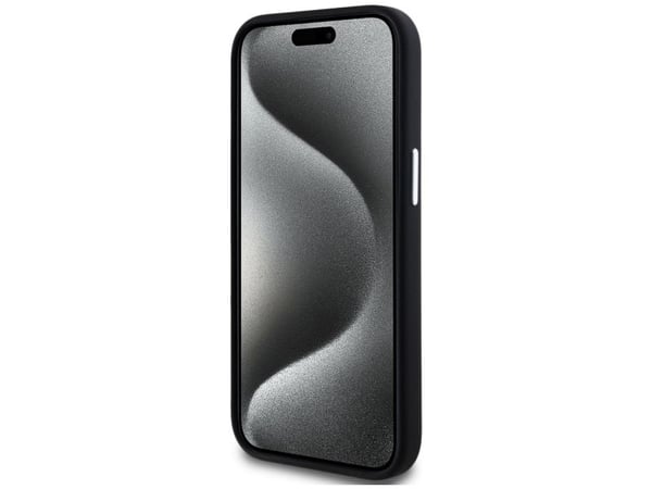 Karl Lagerfeld silikoni metalli Script Logo iPhone 15 tapauksessa - Juodas