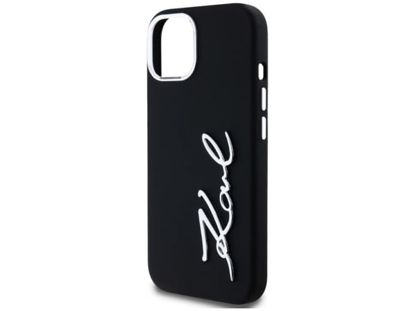 Karl Lagerfeld silikoni metalli Script Logo iPhone 15 tapauksessa - Juodas