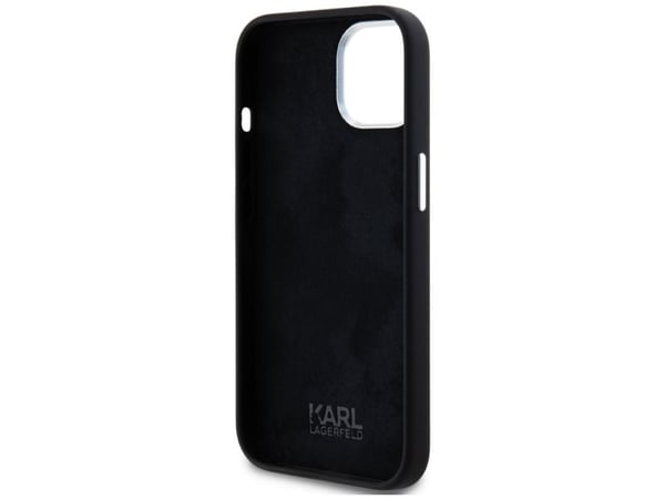 Karl Lagerfeld silikoni metalli Script Logo iPhone 15 tapauksessa - Juodas