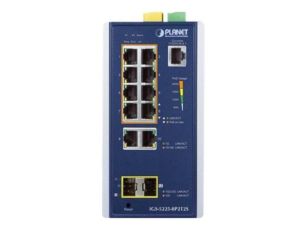 PLANET IGS-5225-8P2T2S - Switch - L2+ - Styrt - 8 x 10/100/1000 (PoE+) + 2 x 1000Base-T + 2 x 1000Base-X SFP - DIN-skinnemonterbar, veggmonterbar -...