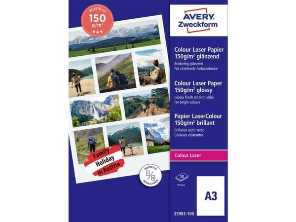 Avery 25983-100, Lasertulostus, A3 (297x420 mm), 100 arkkia, 150 g/m², Valkoinen