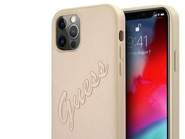 Guess GUHCP12MRSAVSLG iPhone 12/12 Pro 6,1" gull hardt deksel Saffiano Vintage Script