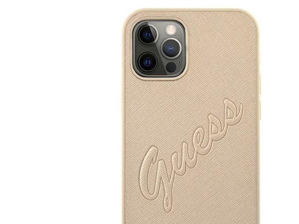 Guess GUHCP12MRSAVSLG iPhone 12/12 Pro 6,1" gull hardt deksel Saffiano Vintage Script