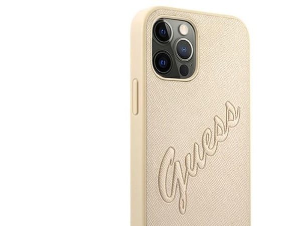 Guess GUHCP12MRSAVSLG iPhone 12/12 Pro 6,1" gull hardt deksel Saffiano Vintage Script