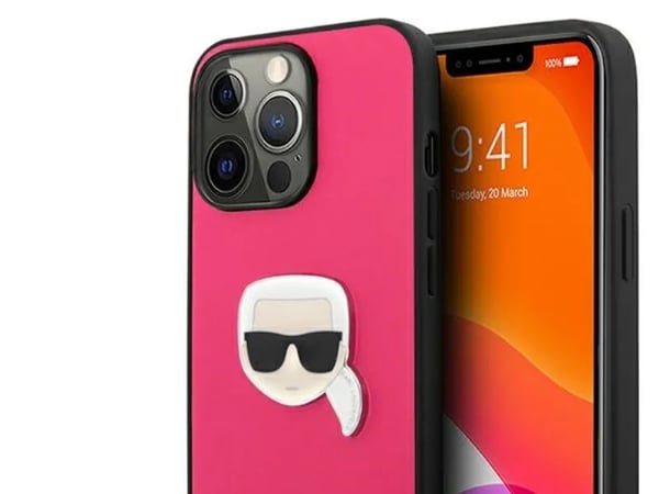 Deklas KLHCP13LPKMP Karl Lagerfeld PU-läder Karl Head Case för iPhone 13 Pro (rosa)