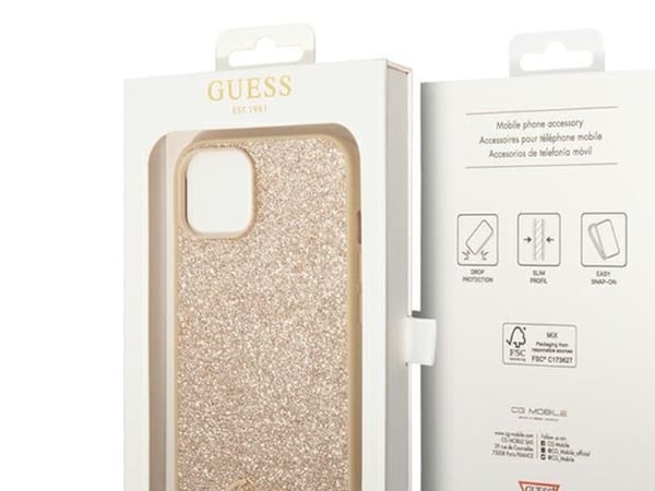 GUESS GUHCP14MHGGSHD hårt skal med glitter script för iPhone 14 Plus / 15 Plus 6.7" gold/gold