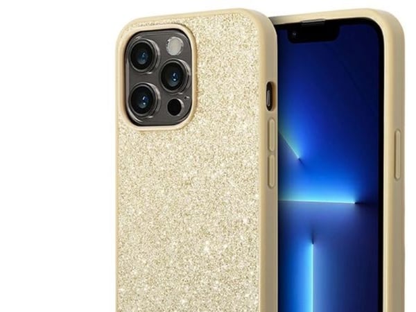 GUESS fodral för Apple iPhone 14 Pro GUHCP14LHGGSHD (Glitter Flakes Script Metal Logo) guld