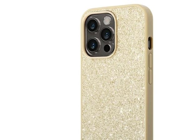 GUESS fodral för Apple iPhone 14 Pro GUHCP14LHGGSHD (Glitter Flakes Script Metal Logo) guld