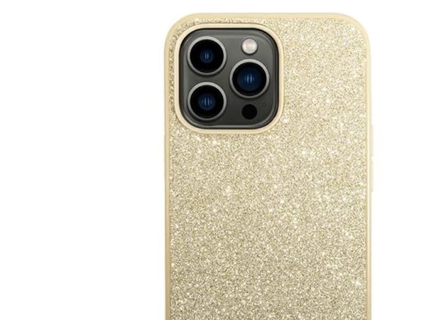 GUESS fodral för Apple iPhone 14 Pro GUHCP14LHGGSHD (Glitter Flakes Script Metal Logo) guld