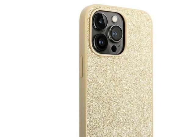 GUESS fodral för Apple iPhone 14 Pro GUHCP14LHGGSHD (Glitter Flakes Script Metal Logo) guld