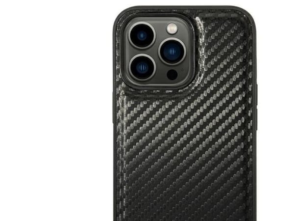 original BMW BMHCP14L22NBCK frontskal till iPhone 14 Pro (kolfiberskal med horisontell blå linje och tryckt logotyp / svart)