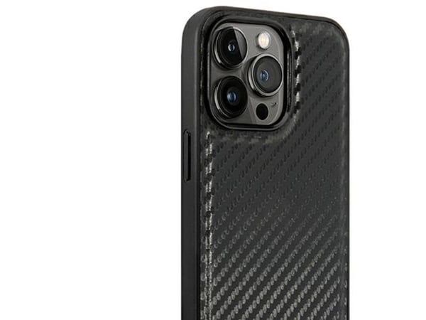 original BMW BMHCP14L22NBCK frontskal till iPhone 14 Pro (kolfiberskal med horisontell blå linje och tryckt logotyp / svart)
