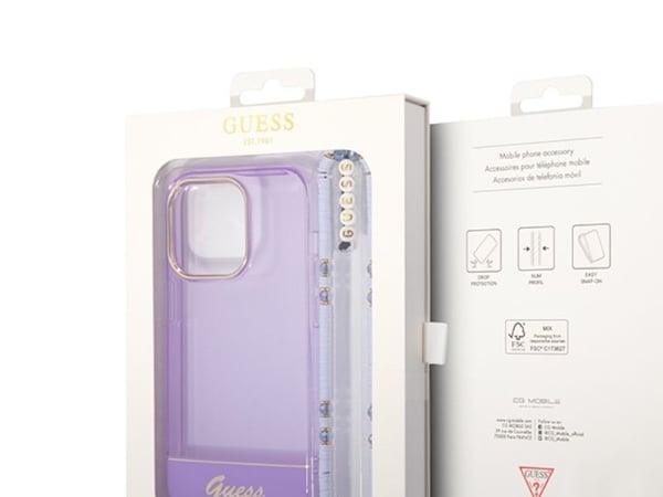Guess GUHCP14LHGCOHU iPhone 14 Pro 6,1 violetinės/violetinės spalvos deklas Permatomas perlamutrinis dirželis