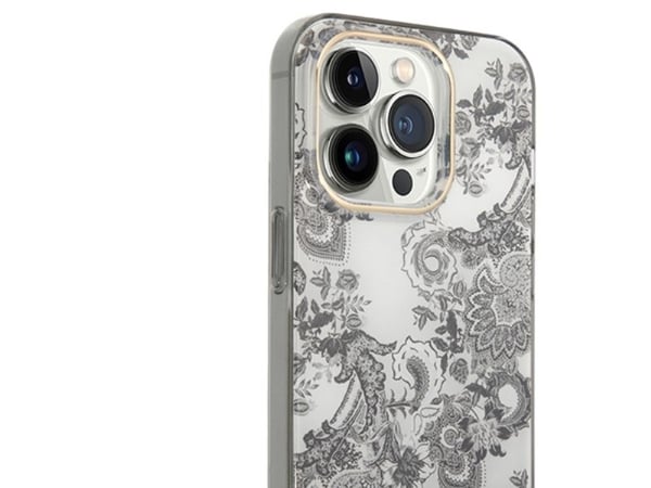 Originalt frontpaneldeksel GUESS GUHCP14LHGPLHG for iPhone 14 PRO (IML Electro Cam TDJ / Grå)