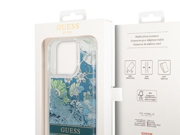 Alkuperäinen GUESS GUHCP14LLFLSN etupaneelikotelo iPhone 14 PRO (Liquide Glitter Flower / vihreä)