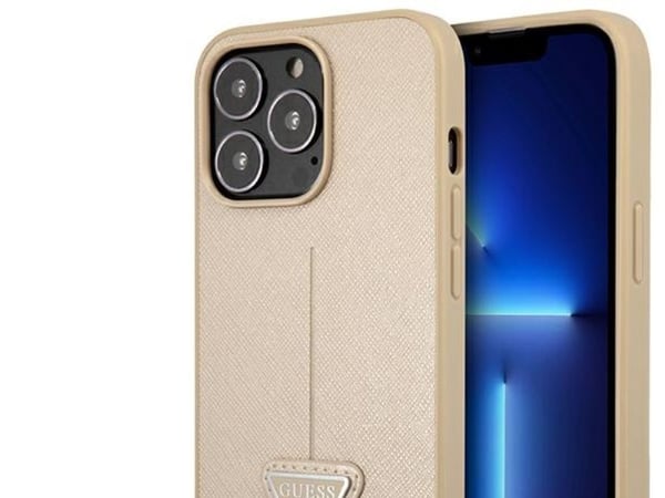 Guess GUHCP14LPSATLE hardt deksel Apple iPhone 14 Pro 6,1" beige SaffianoTriangle Logo