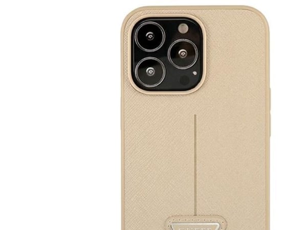 Guess GUHCP14LPSATLE hardt deksel Apple iPhone 14 Pro 6,1" beige SaffianoTriangle Logo