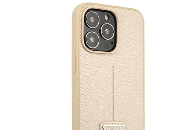 Guess GUHCP14LPSATLE hardt deksel Apple iPhone 14 Pro 6,1" beige SaffianoTriangle Logo