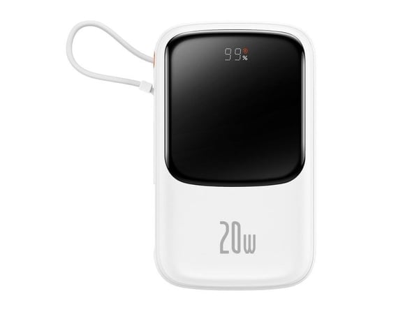Baseus Qpow Digital Display strømbank med hurtiglading 10000mAh 20W QC/PD/SCP/FCP med innebygd Lightning-kabel hvit