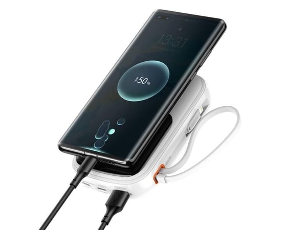 Baseus Qpow Digital Display strømbank med hurtiglading 10000mAh 20W QC/PD/SCP/FCP med innebygd Lightning-kabel hvit