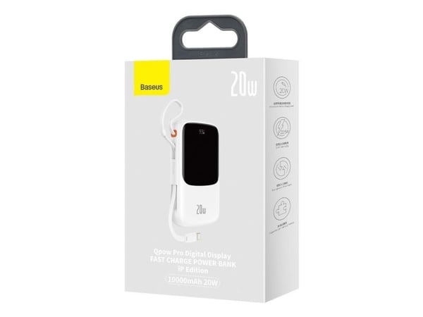 Baseus Qpow Digital Display strømbank med hurtiglading 10000mAh 20W QC/PD/SCP/FCP med innebygd Lightning-kabel hvit