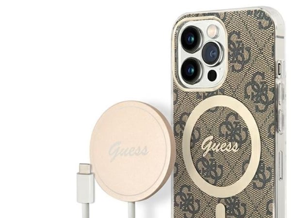 Guess lader Guess veske + trådløs lader GUBPP13LH4EACSW Apple iPhone 13 Pro brun/brun hard veske 4G Print MagSafe