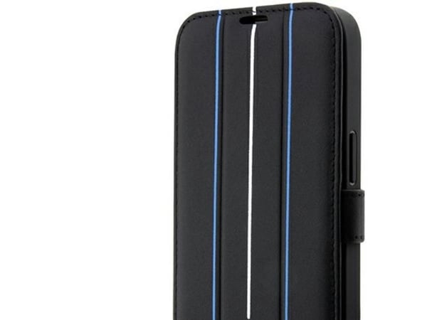 Veske BMW BMBKP14L22RVSK iPhone 14 Pro 6.1" svart/svart bokhylle Lærforsegling blå linjer