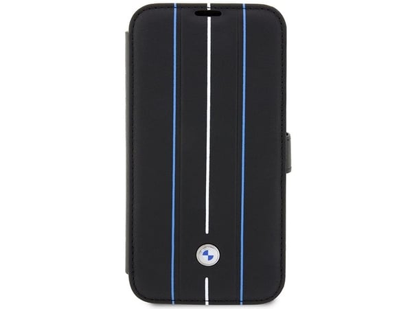 Veske BMW BMBKP14L22RVSK iPhone 14 Pro 6.1" svart/svart bokhylle Lærforsegling blå linjer