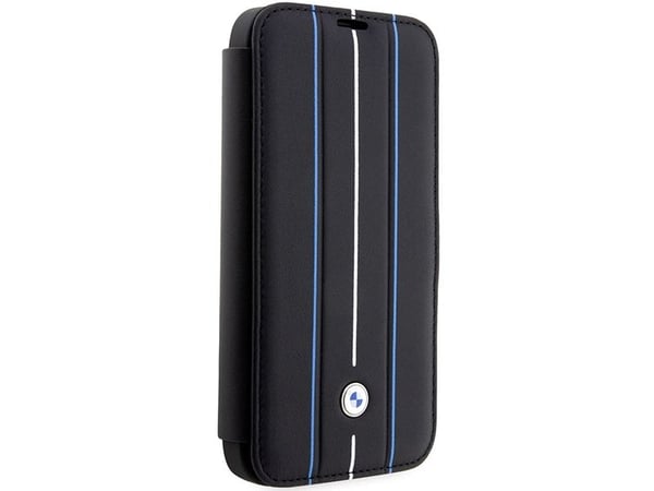 Veske BMW BMBKP14L22RVSK iPhone 14 Pro 6.1" svart/svart bokhylle Lærforsegling blå linjer