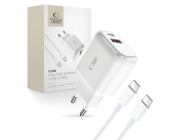 Tech-protect Charger C20W 2-porttinen verkkolaturi PD 20W QC 3.0 + USB-C-kaapeli Valkoinen