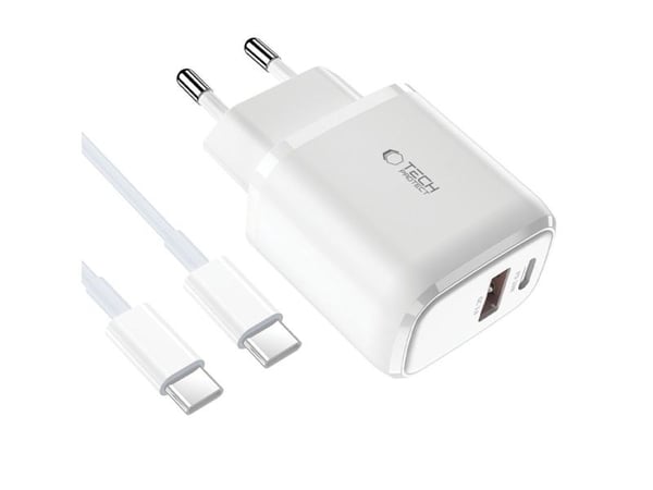 Tech-protect Charger C20W 2-porttinen verkkolaturi PD 20W QC 3.0 + USB-C-kaapeli Valkoinen